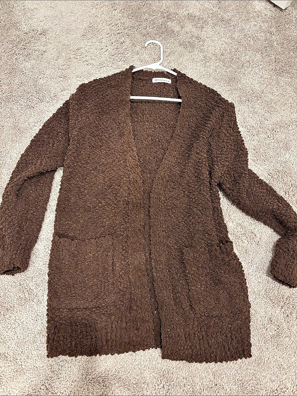 Zenana Long Sleeve Popcorn Sweater Cardigan with Pockets - Chocolate Brown